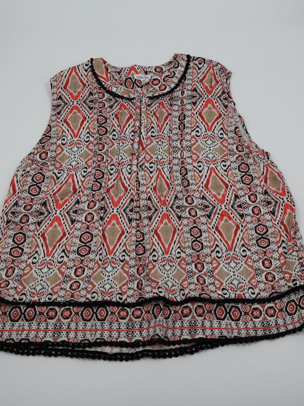 Tribal Jeans Sleeveless Blouse Womens XL Orange Ikat Geometric Pom Pom Trim Boho